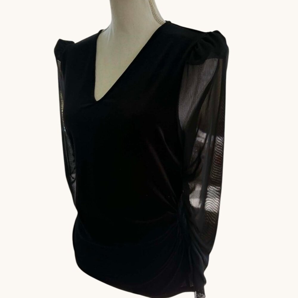 H by Halston Women's Velvet Sheer-Sleeve Faux-Wrap Top NWT - Picture 3 of 8